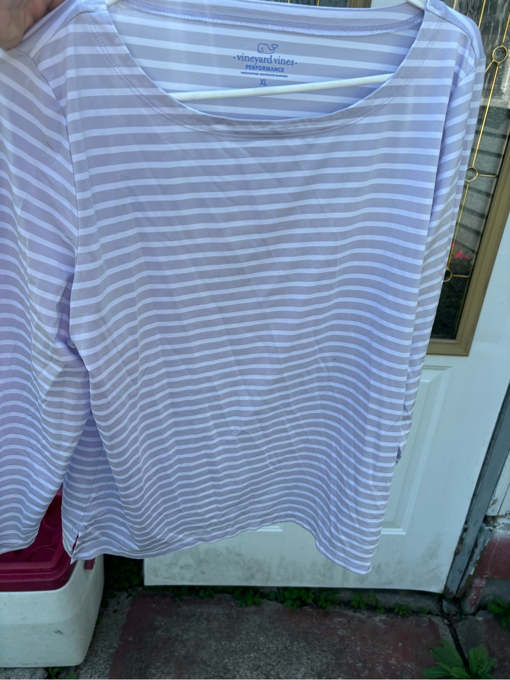 Vineyard Vines Lavender and White Striped Performance Long Sleeve Top